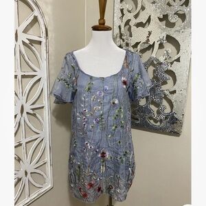 FLORA ASHLEY xsmall OVERSIZED FLORAL EMBROIDERY LINED SHORT SLEEVE TUNIC TOP